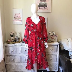 Intermix Deirdre 100% silk midi High Low dress floral print in red color size 2